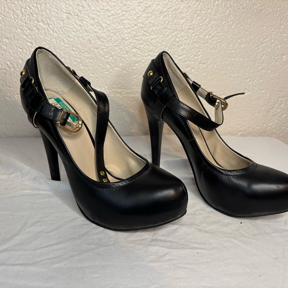 NYLA black platform heels with buckle ankle strap